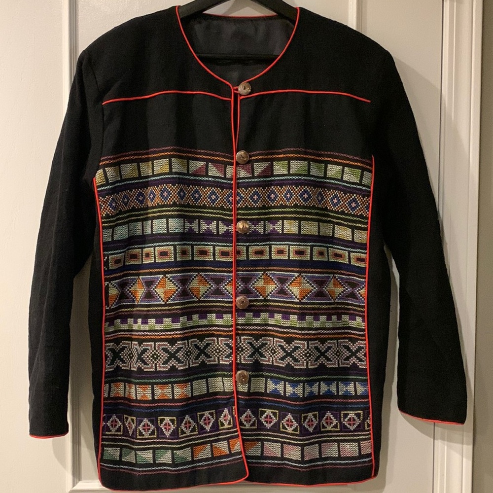 Vintage Thai Nepal Boho Embroidered Hippie Blazer Jacket Coconut shell buttons